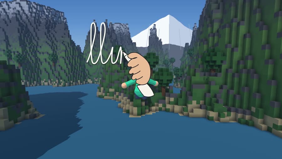 Frame from the 15-second Llimphi tour: a voxel island under a snow-capped Andean peak, a character celebrating while a hand writes llimphi in cursive